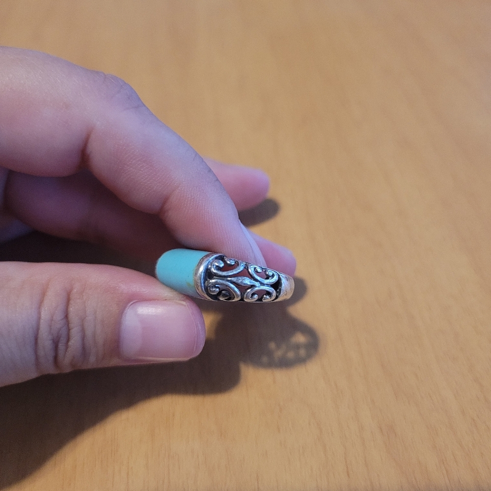 Sterling Silver 925 Scrolled Filligree Boho Ring with Turquoise Colored Inset - Picture 10 of 15